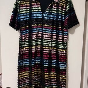 FRNCH Multicolor Sequin Striped Midi Dress - Black Base